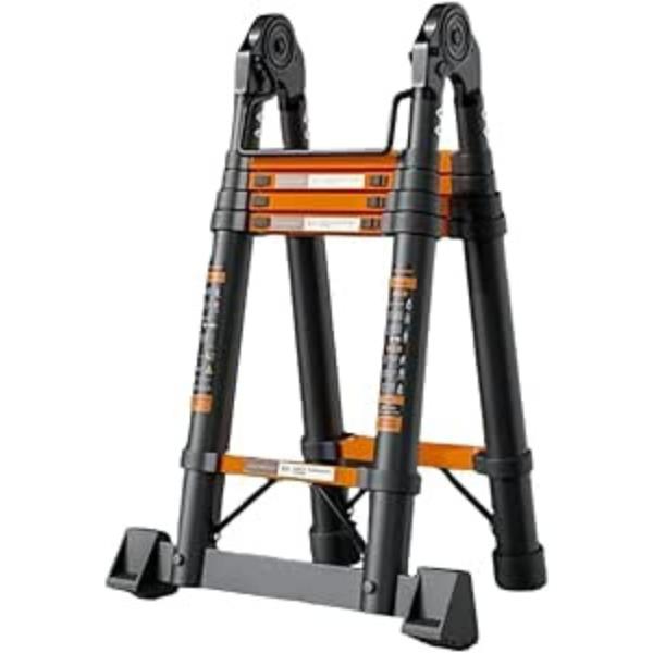 4.0m Multifunctional Telescopic Ladder 2.1m Herringbone A-Frame Step Ladder Heavy Duty Thickened Steel Folding One-Touch Unlocking Black & Orange