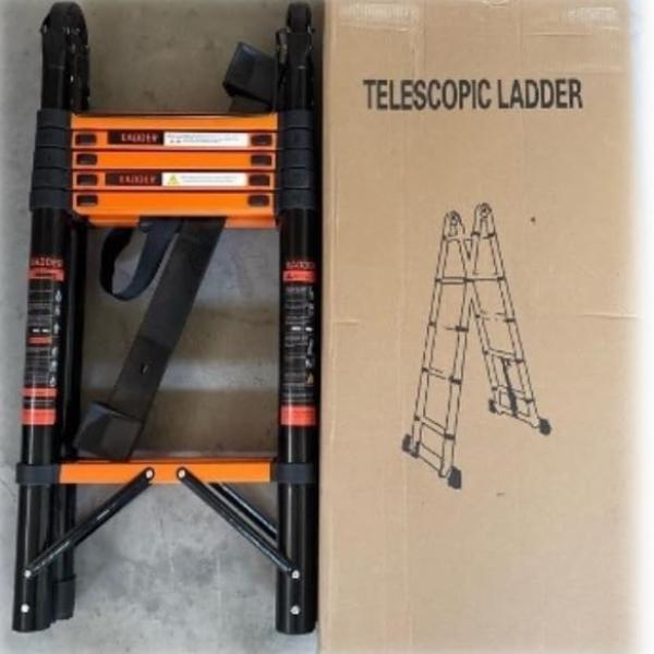 4.0m Multifunctional Telescopic Ladder 2.1m Herringbone A-Frame Step Ladder Heavy Duty Thickened Steel Folding One-Touch Unlocking Black & Orange