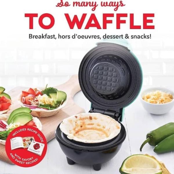MWBM-01 Mini Waffle Bowl Maker for Dessert and Breakfast Non-Stick Coating Surfaces 350W Rapid Heating Mechanism Aqua Mint Compact