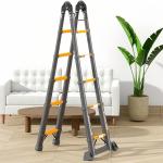 4.0m Multifunctional Telescopic Ladder 2.1m Herringbone A-Frame Step Ladder Heavy Duty Thickened Steel Folding One-Touch Unlocking Black & Orange