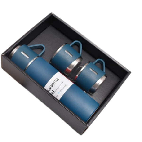 500 mL Blue Stainless Steel Vacuum Flask Gift Set with 2 Insulated Cups – Double-Wall Hot & Cold Travel Bottle