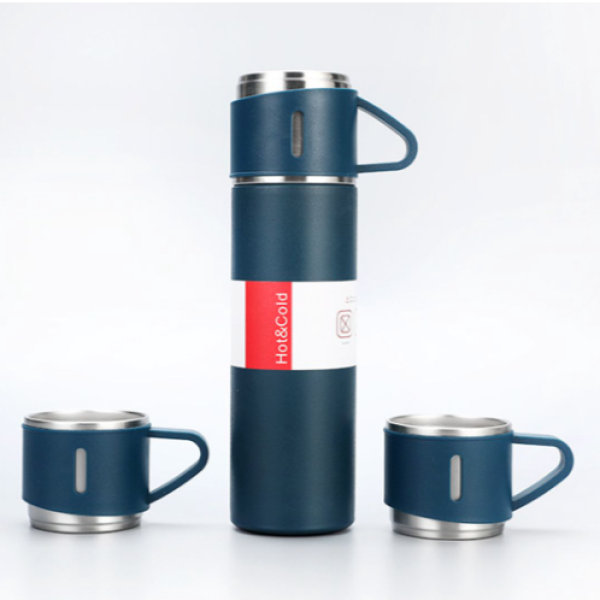 500 mL Blue Stainless Steel Vacuum Flask Gift Set with 2 Insulated Cups – Double-Wall Hot & Cold Travel Bottle