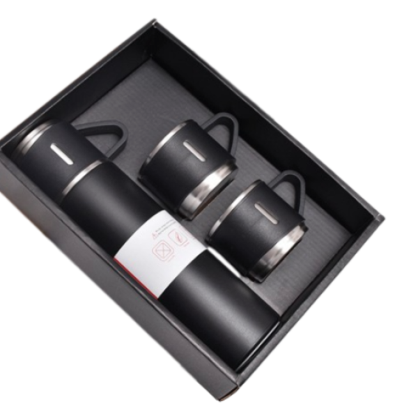 500 mL Black Stainless Steel Vacuum Flask Set with 2 Insulated Cups – Double-Wall Thermal Bottle Gift Set