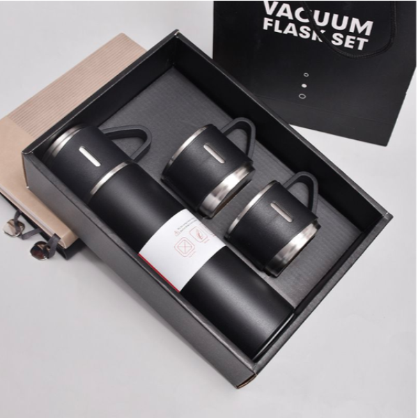 500 mL Black Stainless Steel Vacuum Flask Set with 2 Insulated Cups – Double-Wall Thermal Bottle Gift Set