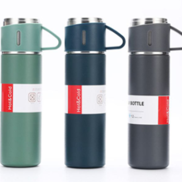 500 mL Black Stainless Steel Vacuum Flask Set with 2 Insulated Cups – Double-Wall Thermal Bottle Gift Set